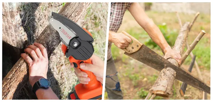 collage of man using Woodwise and a dangerous traditional chainsaw